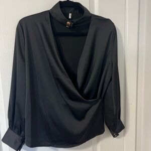 Black Satin Blouse with Choker Neckline